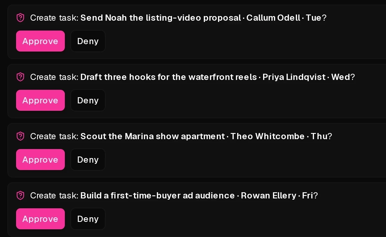Four tasks the assistant wants to create from a sales call, each with an owner and a day, and each on its own card with Approve and Deny buttons.