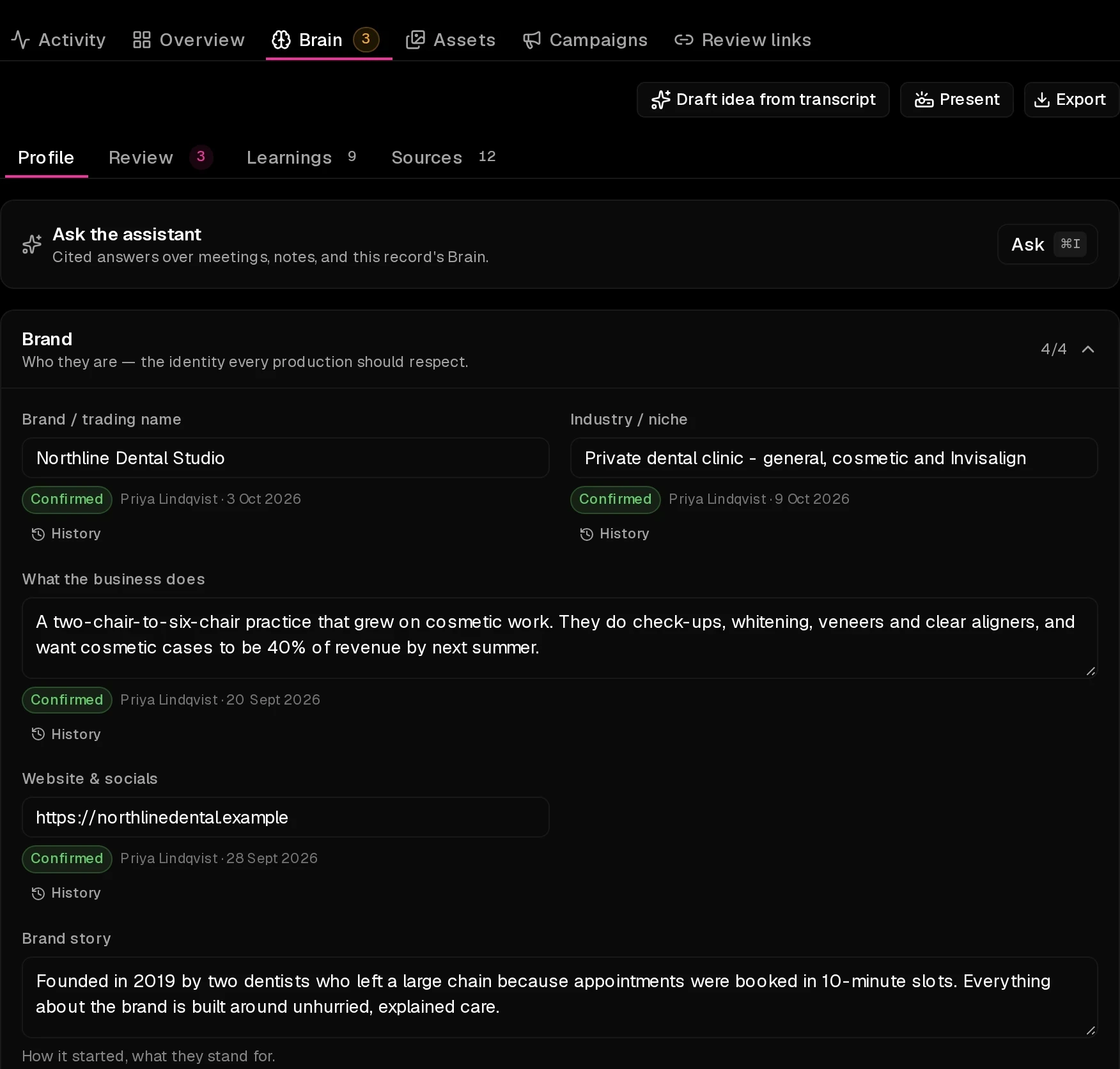 A demo client's knowledge record for Northline Dental: brand facts each marked confirmed by a teammate with a date and a history link, tabs for review, learnings and sources, and the client's active projects in a side rail.
