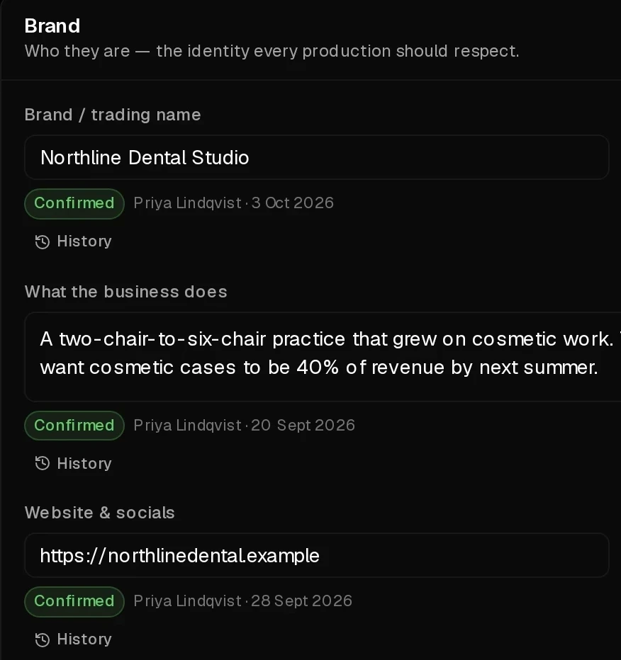The Brand section of a demo client's knowledge record for Northline Dental: the trading name, what the business does and its website, each marked confirmed by a teammate with a date and a history link.