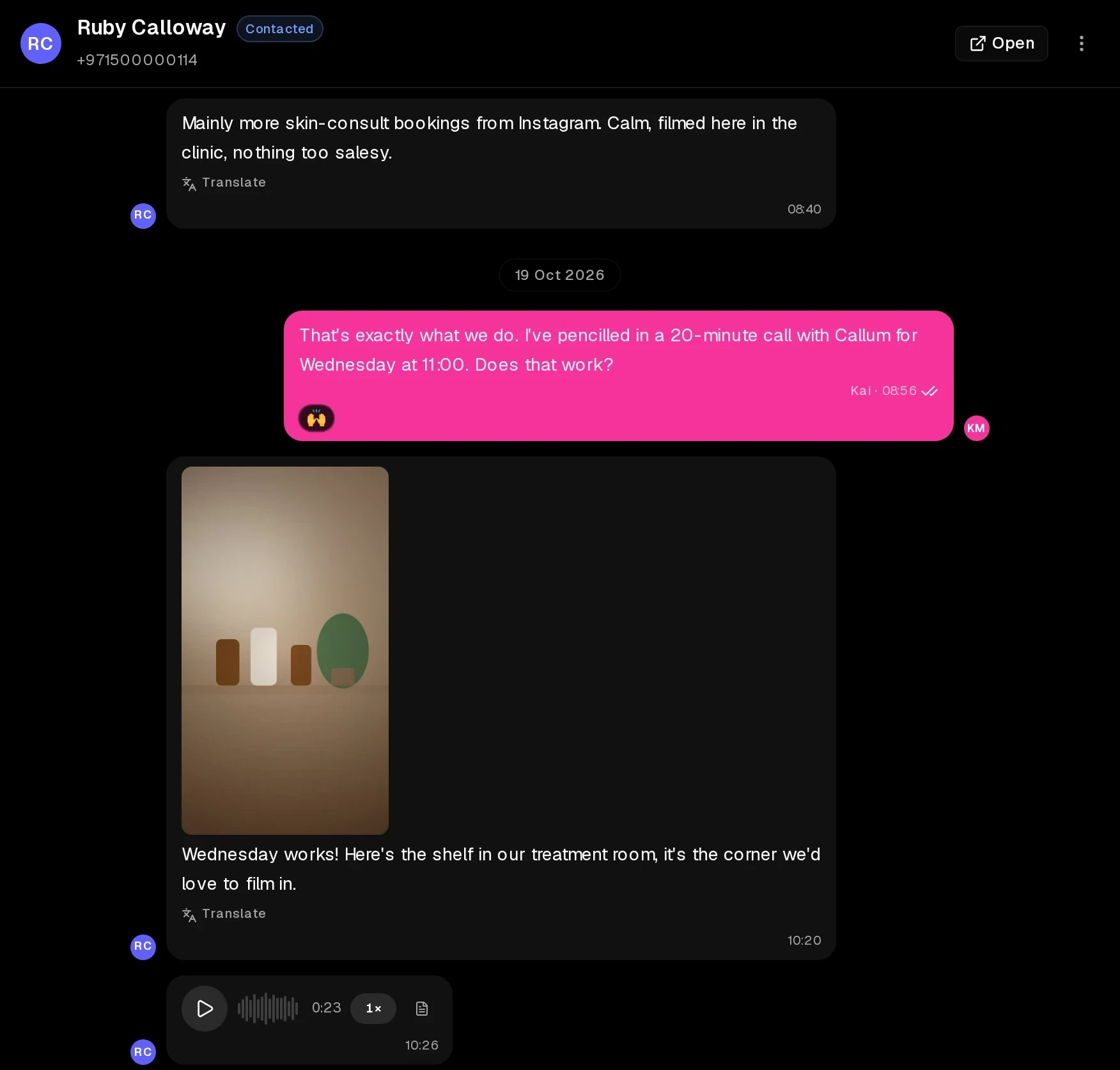 An open WhatsApp thread with a demo lead inside the shared inbox: messages with read ticks, a reaction, a photo of the room to film in and a voice note.