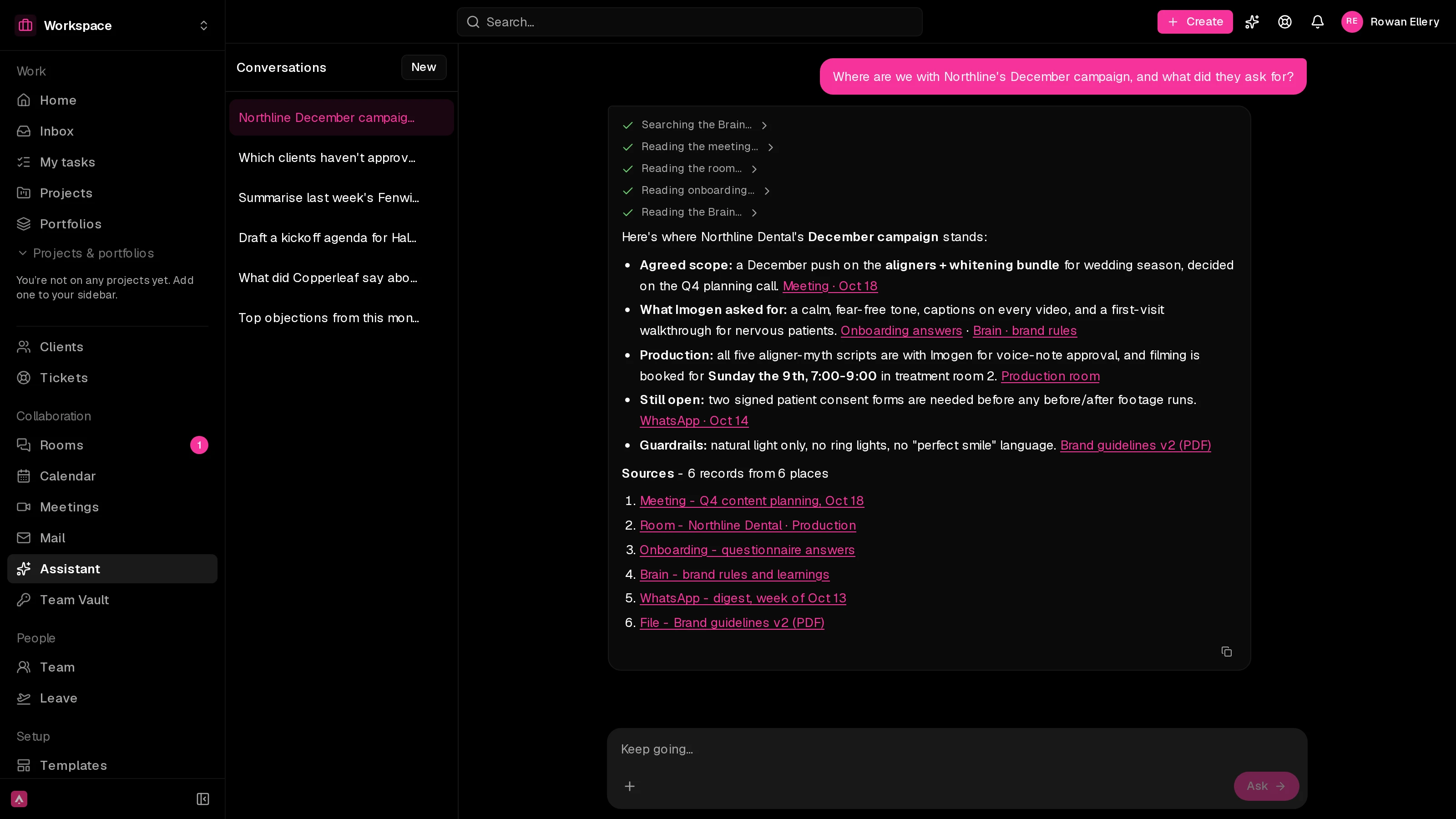 AI assistant answering a question with sources from meetings, chat rooms, onboarding and the client record