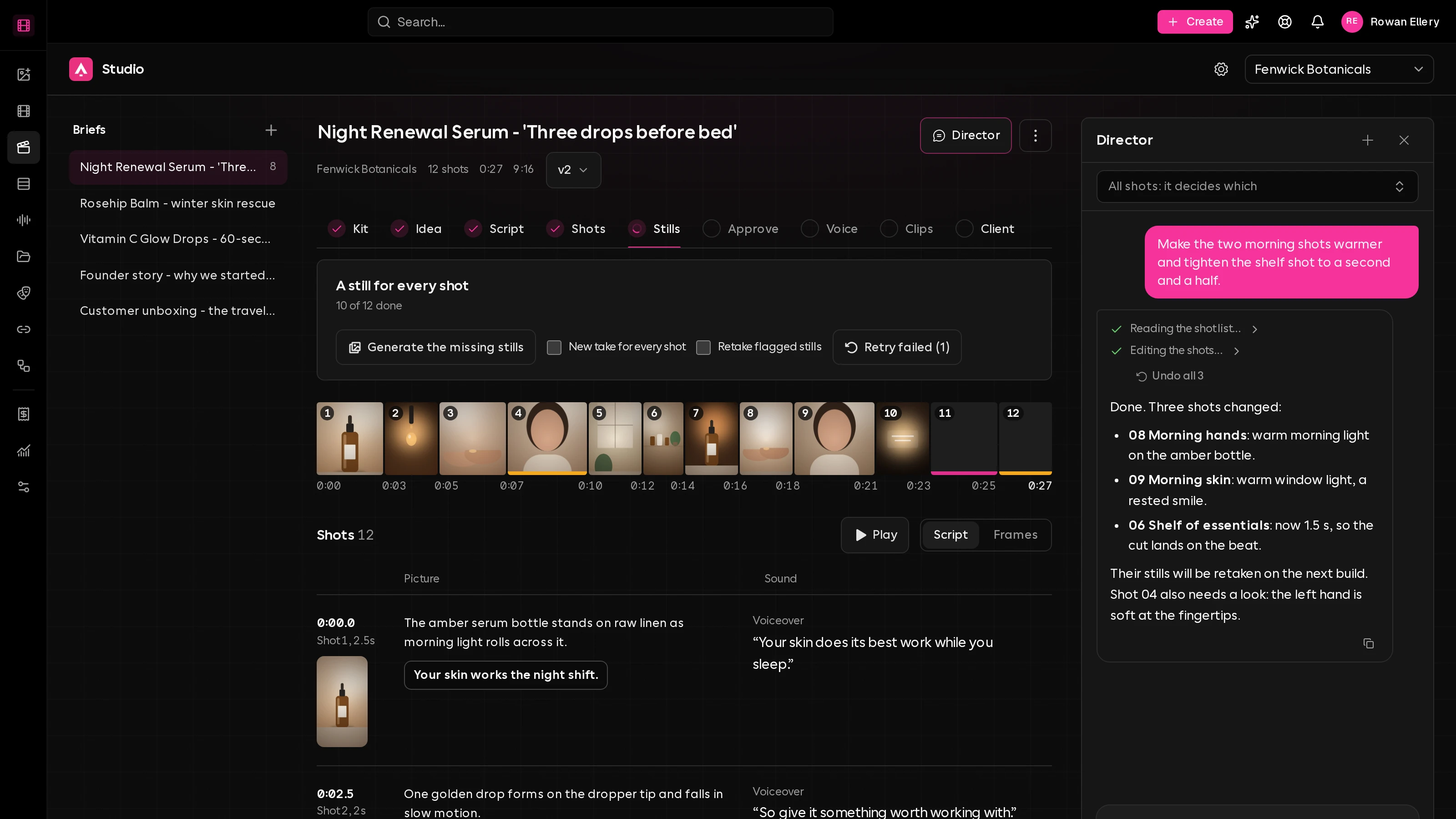 AI studio with a 12-shot skincare film and the AI director summarising the three shots it changed
