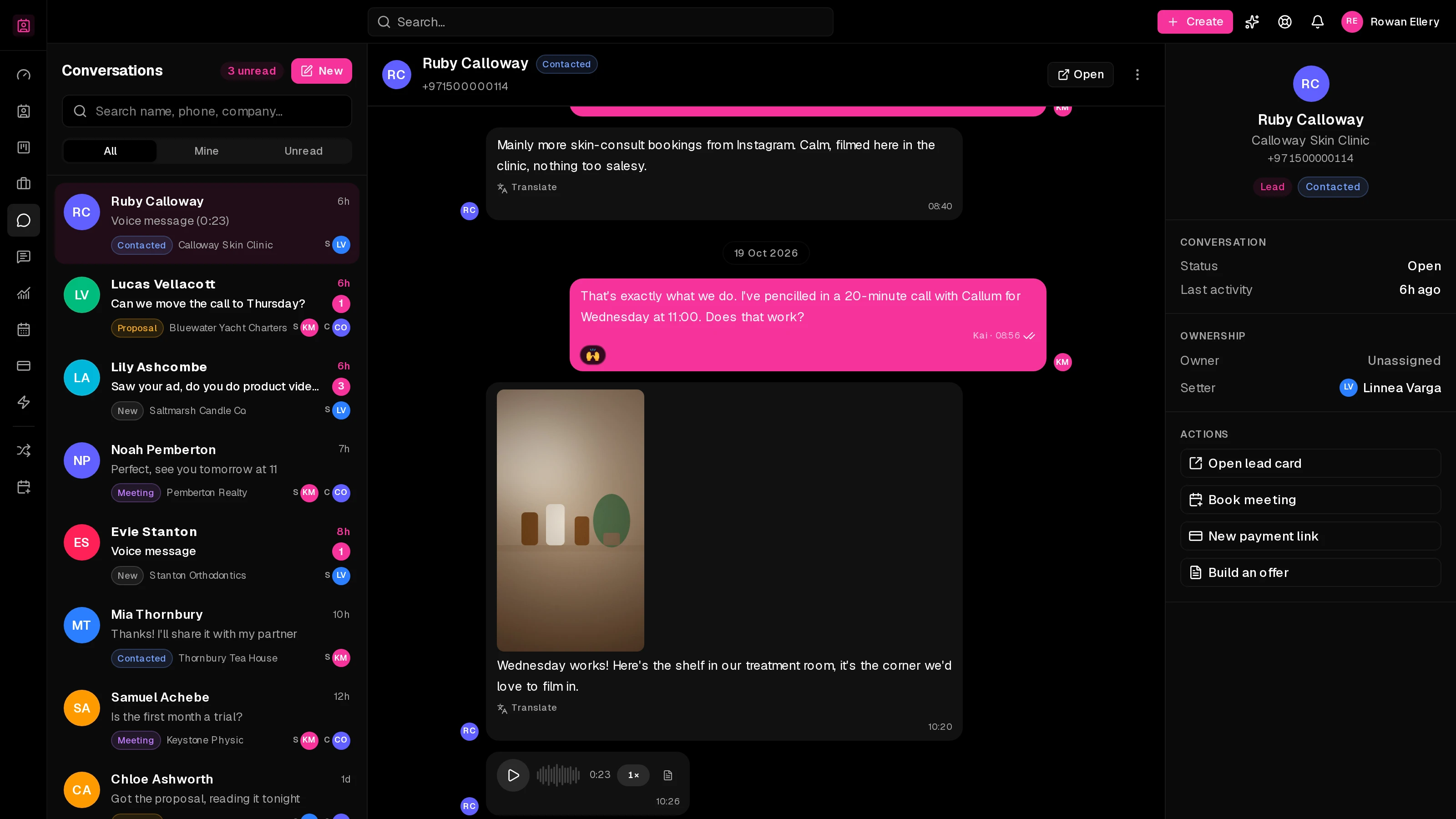 A shared WhatsApp inbox with demo leads: a list of conversations tagged by sales stage, an open thread with read ticks, a photo and a voice note, and a side panel with the lead's stage, owner and quick actions.