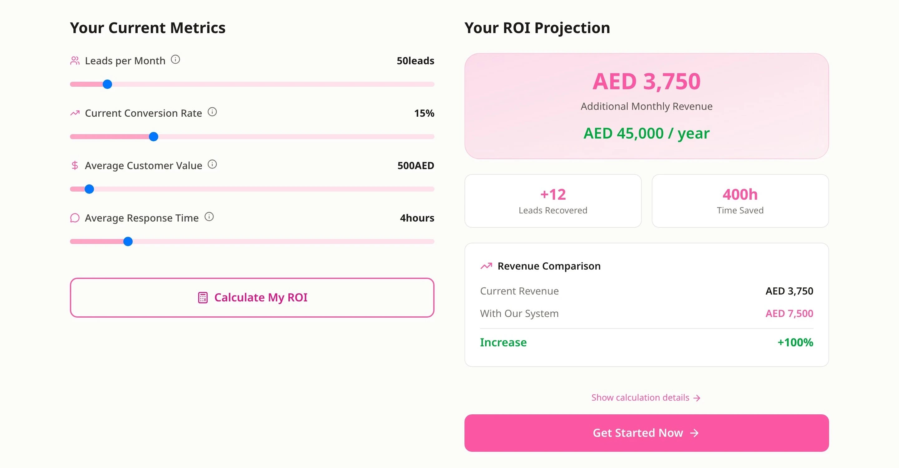 The revenue calculator: four sliders for leads per month, conversion rate, customer value and response time, beside a projection card showing example figures in dirhams
