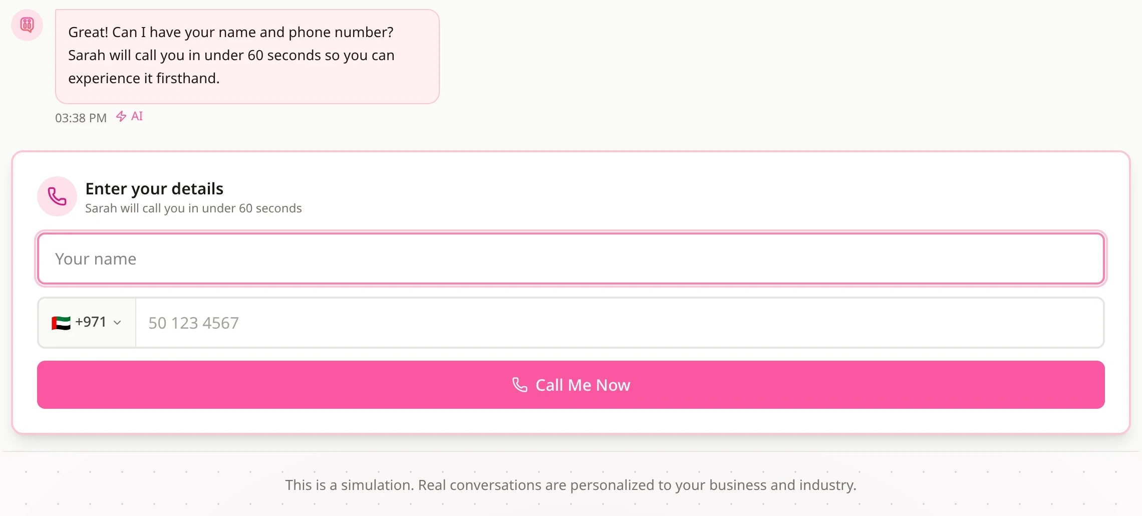 The end of the demo chat on a desktop: the AI asks for a name and phone number, above a card with a name field, a phone field with a +971 country code and a “Call Me Now” button