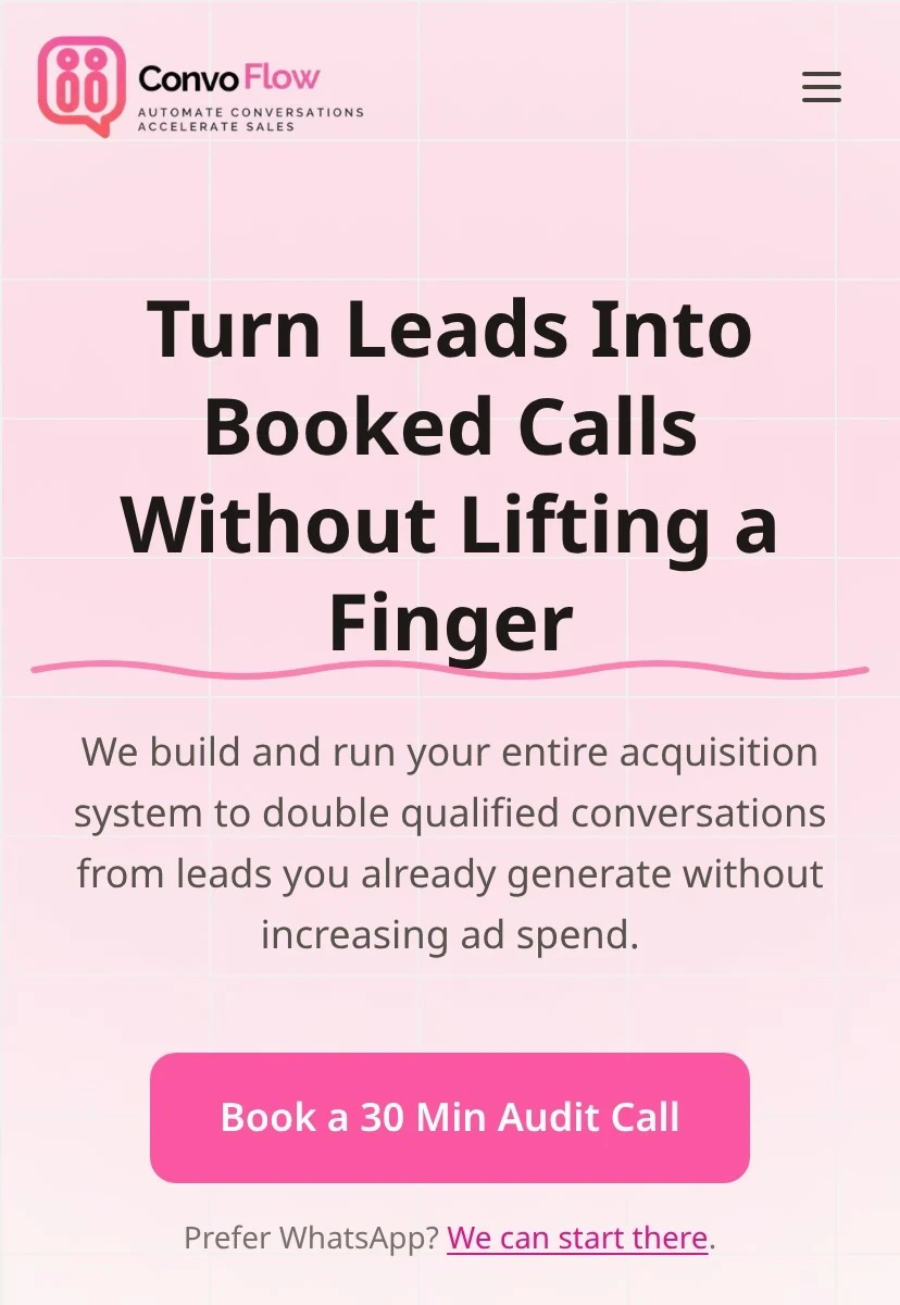 The first screen on a phone: the headline, one line on what the service does, the booking button and a “Prefer WhatsApp?” link