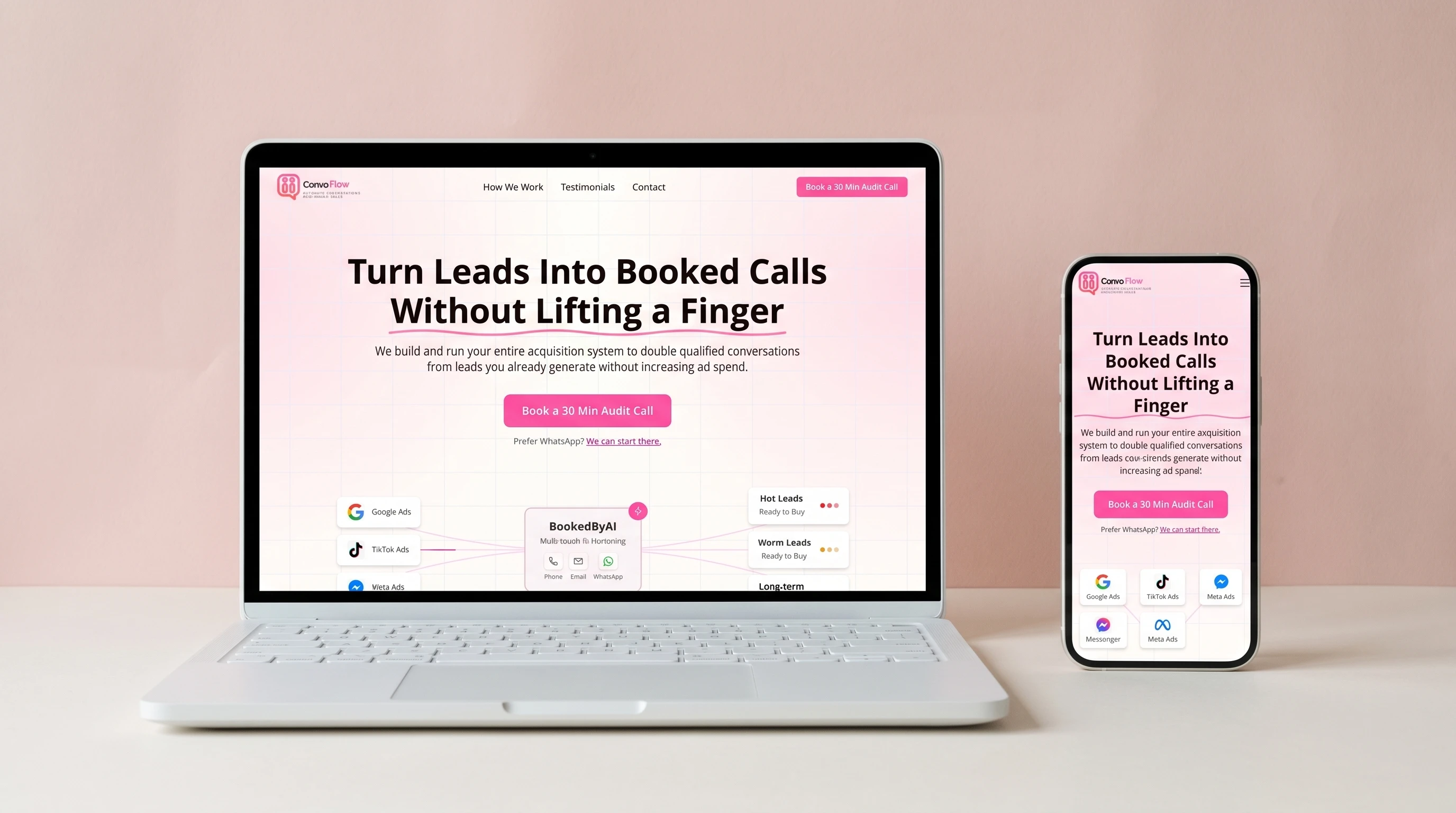 The ConvoFlow website on a laptop and a phone, on a white desk against a blush-pink backdrop