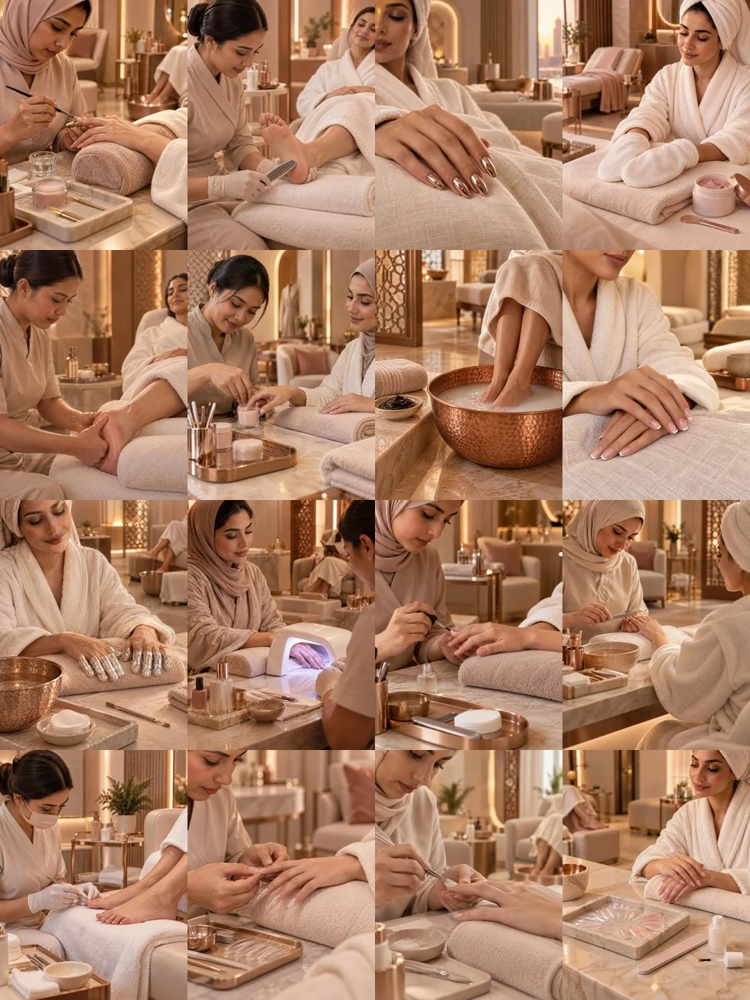 Sixteen Nail Spa images: manicures on folded towels, pedicure bowls in hammered copper and gel polish under a UV lamp.
