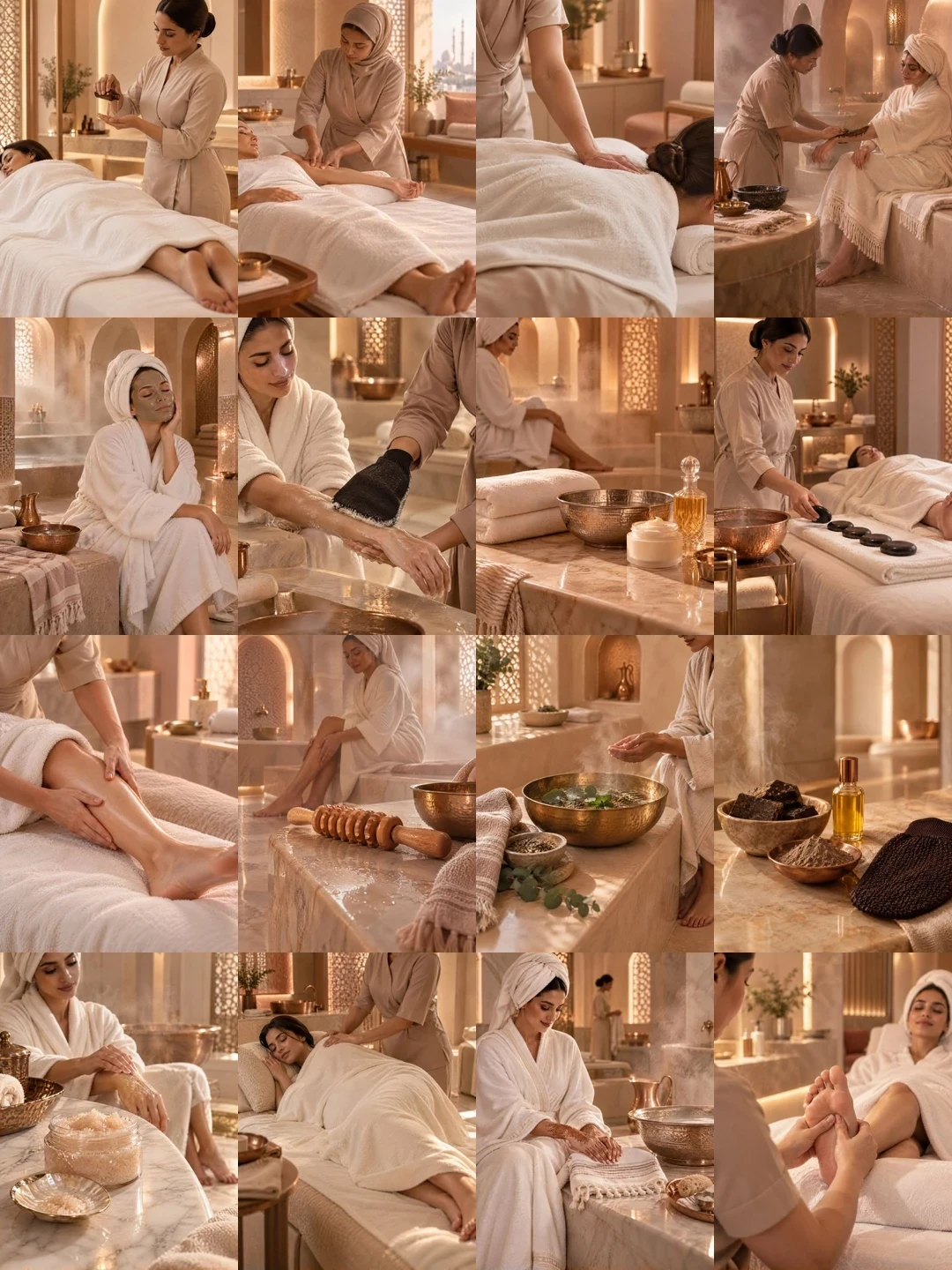 Sixteen Wellness and Relaxation images: hammam rituals, black soap and kessa gloves, hot stones and massage.