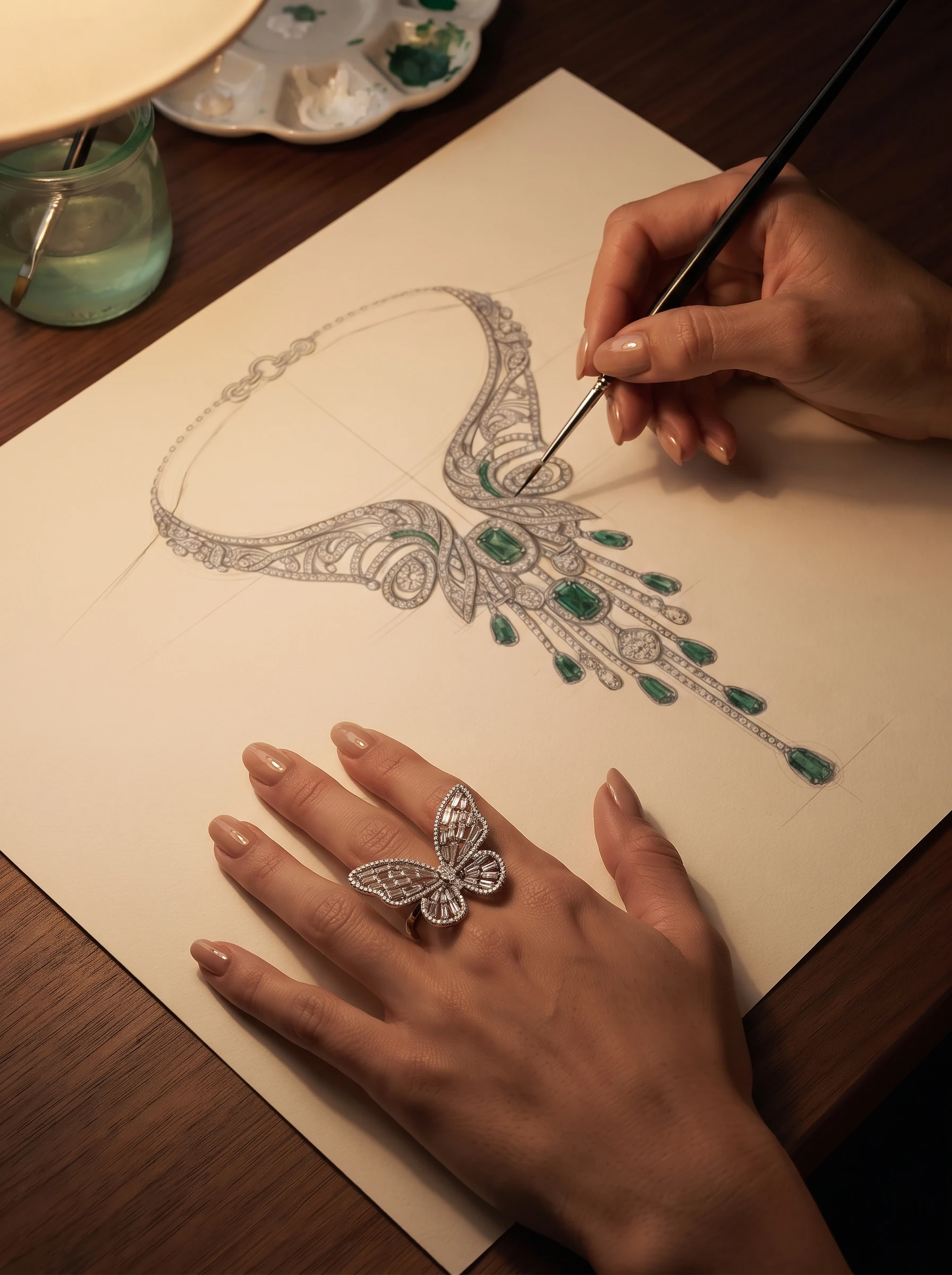 A hand painting an emerald necklace design in watercolour, the other hand wearing a diamond butterfly ring