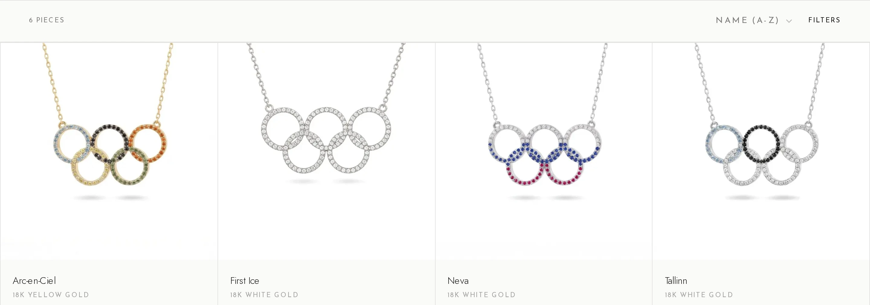 The Olympic collection page on diamaria.com: four interlocking five-ring pendants on the same white ground, one in yellow gold with coloured stones, then three in white gold: all white diamonds, blue and red stones, and blue and black stones