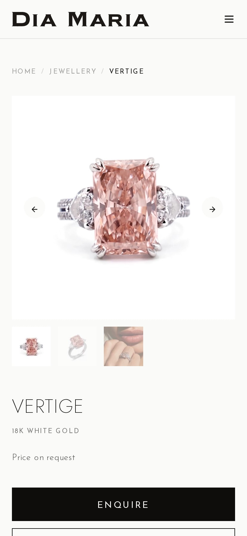 The same product page on a phone: the ring gallery with thumbnails, then the piece name and an Enquire button