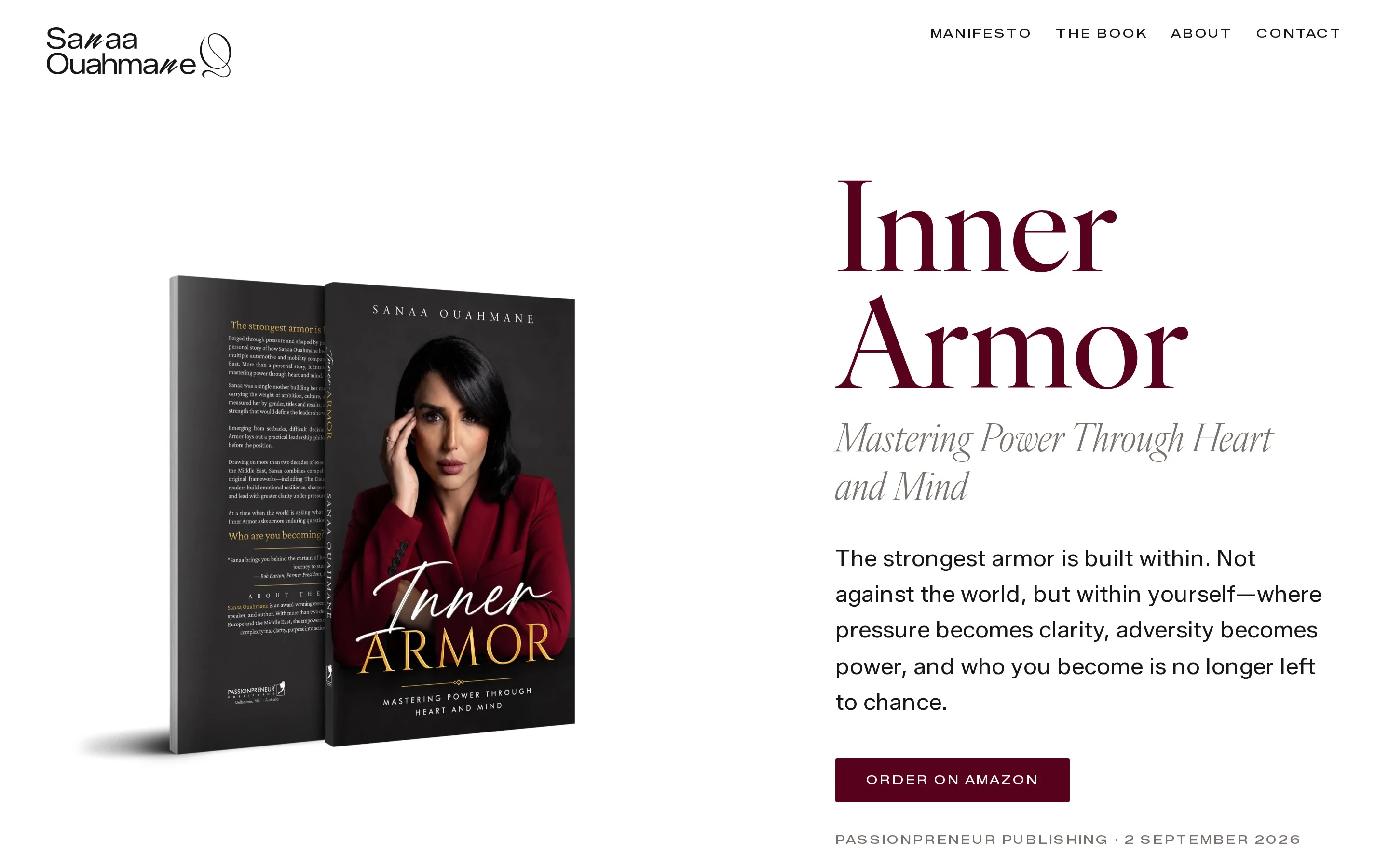 The Inner Armor book page: the front and back cover on a white page beside the title set large in crimson serif, a short paragraph about the book, an Order on Amazon button and the publisher and date line.