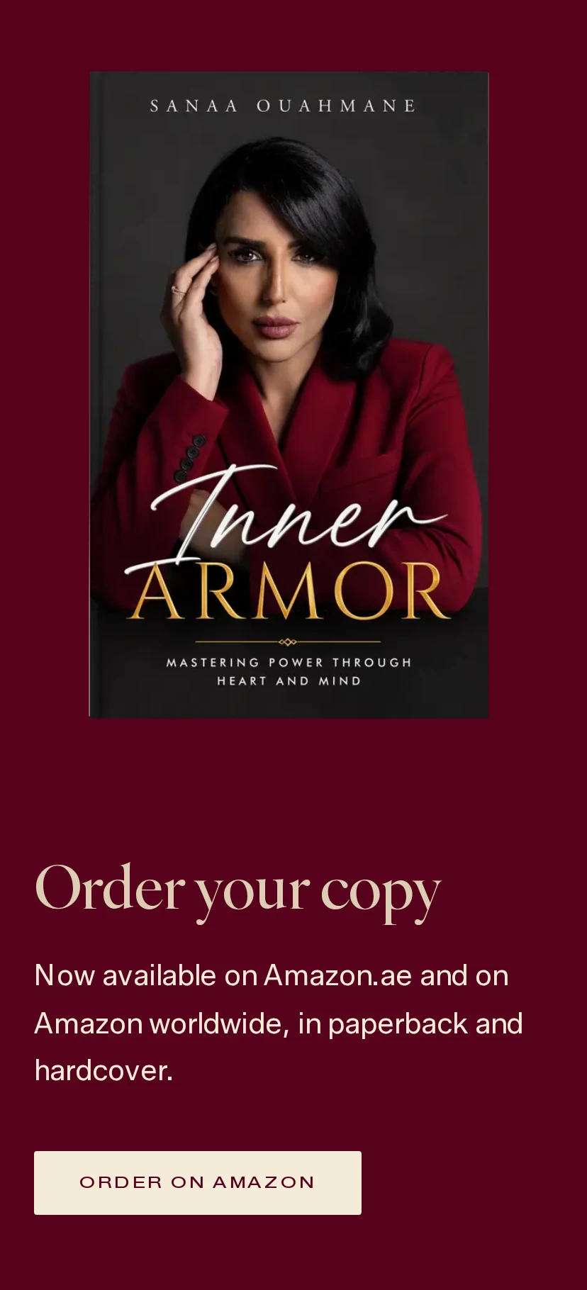 The crimson order plate on a phone: the cover, then “Order your copy”, a line saying the book is available on Amazon.ae and Amazon worldwide in paperback and hardcover, and an Order on Amazon button.