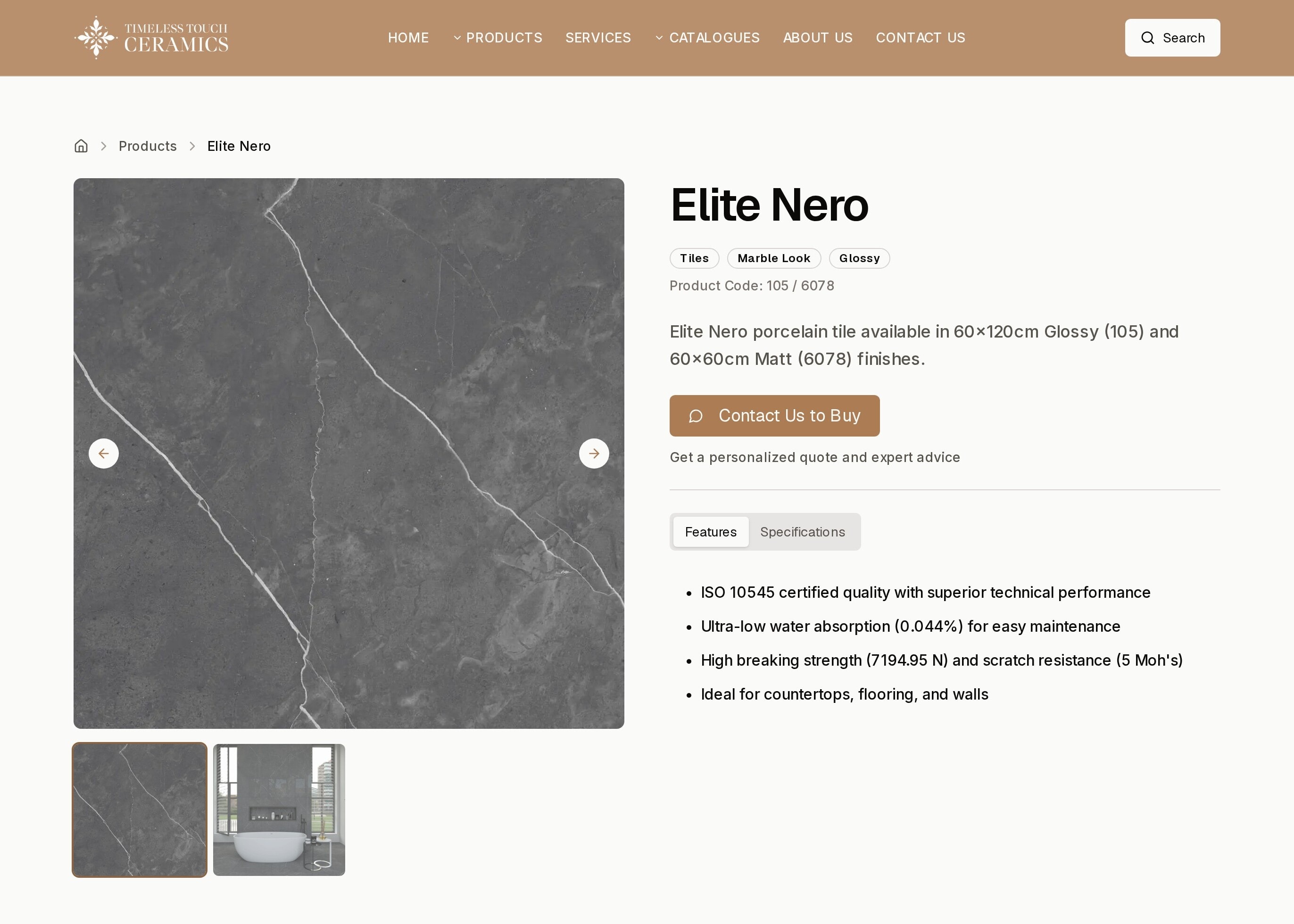 The Elite Nero product page on the website: the charcoal marble-look tile with its photo thumbnails, its tags, product codes 105 and 6078, and a Contact Us to Buy button.