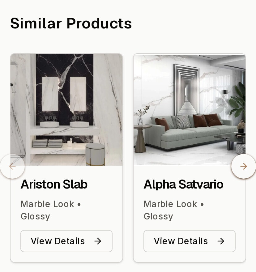 Similar Products under the Alma bookmatch slab on a phone: Ariston Slab and Alpha Satvario, both marble-look and glossy, with arrows to see more.