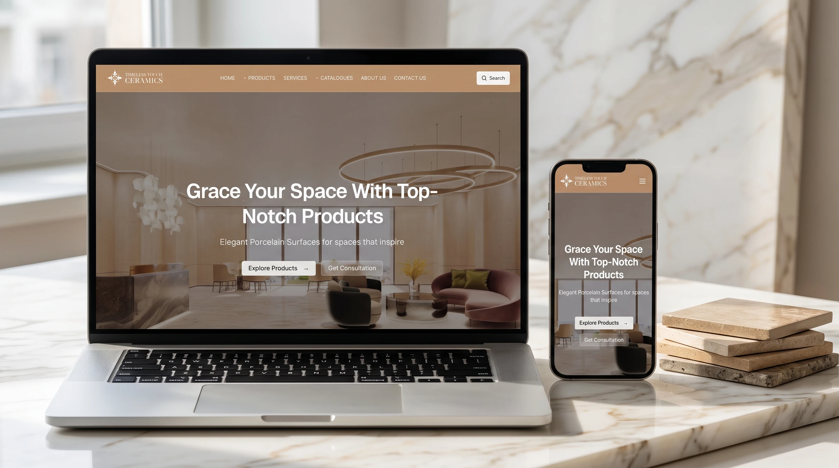 The Timeless Touch Ceramics website on a laptop and a phone, on a polished marble slab beside a stack of tile samples