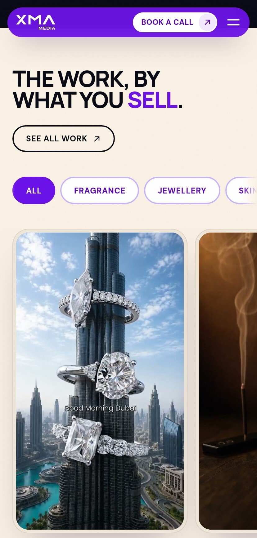 The section “The work, by what you sell” on a phone: filter pills for fragrance, jewellery and more above the first ad film