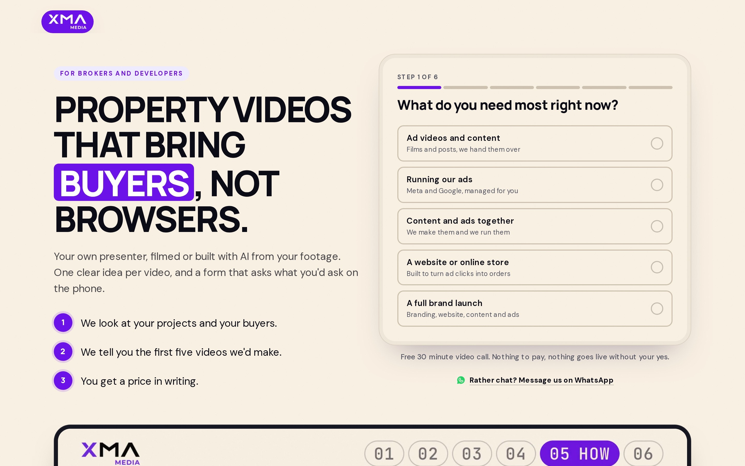 The real estate page: “Property videos that bring buyers, not browsers” beside a six-step form asking what the visitor needs most